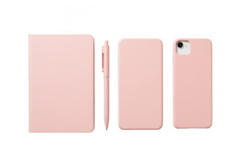 A pink notebook pen and phone case arranged in a line on a transparent background isolated on transparent background