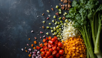 Fresh vegetables ingredients for healthy salad recipe food photography and dark background top view studio shot