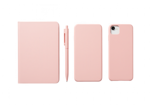 A pink notebook pen and phone case arranged in a line on a transparent background isolated on transparent background