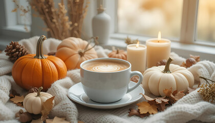 Autumn coffee pumpkins and candles cozy fall season aesthetic background wallpaper desktop thanksgiving