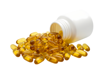 AmberColored Softgel Capsules Spilled from a White Plastic Bottle Against a Pure White Background A Detailed CloseUp View