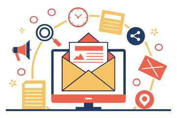 Colorful monitor displaying open yellow envelope with a paper letter, surrounded by various icons