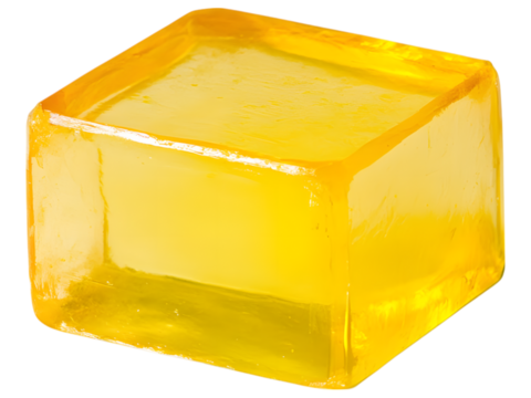 Bright yellow translucent cube isolated on transparent background