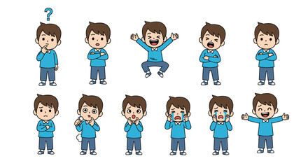 Collection of cute cartoon boy characters displaying a wide range of emotions and poses