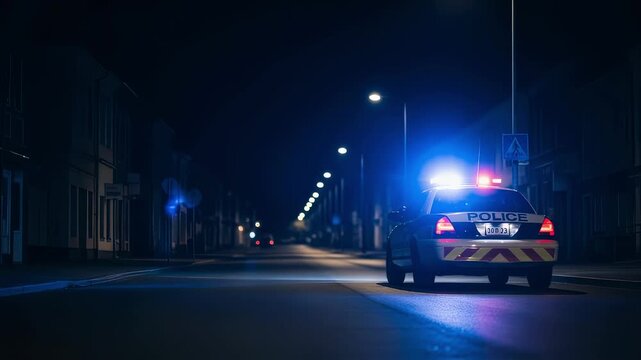 Silent night patrol marked police car with alert lights active on deserted street.