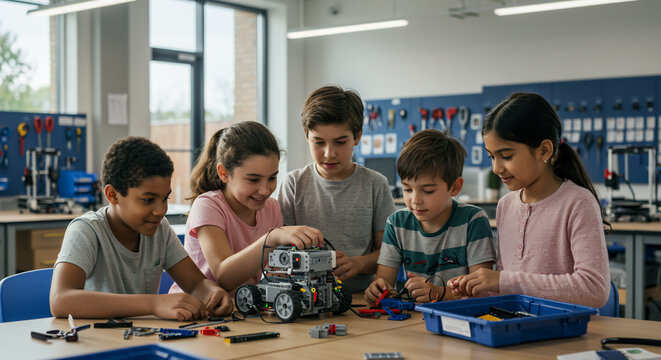 Children building a project with technology in classroom