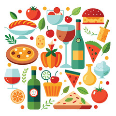 Clipart of various Italian dishes, including pasta, pizza, and a bottle of wine, showcasing traditional Italian cuisine..eps