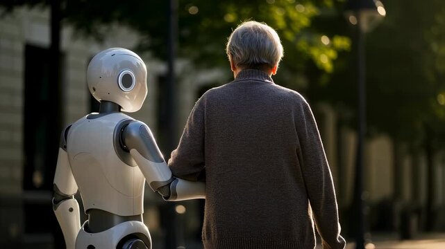 Woman walks with an assisting robot on a street, showcasing futuristic elderly care and advanced technology for daily living assistance footage.
