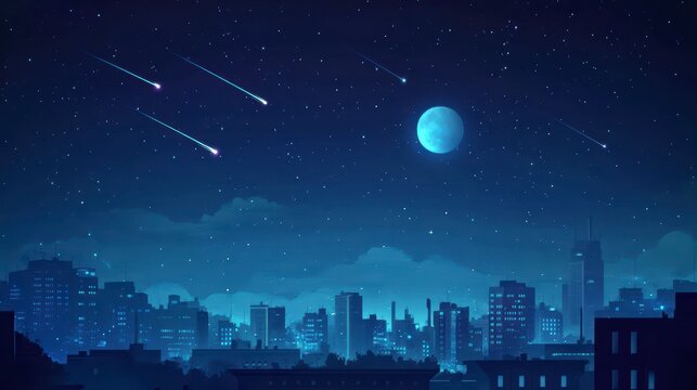 Night cityscape with shooting stars and full moon. - Powered by Adobe