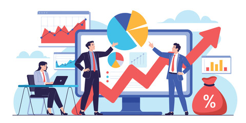 Business professionals analyzing financial charts with upward arrow and percentage bag, symbolizing investment growth and strategic teamwork