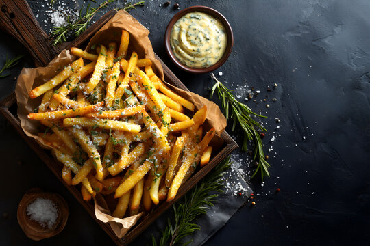 Creative food template. Crispy potato french fries fry seasoned heavily with parmesan dusting, herbs, with blue cheese dip on rustic wooden table. copy text space. overhead top flat lay view.
