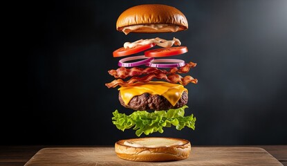 A towering gourmet burger deconstructed in mid-air, each ingredient floating and perfectly aligned over a wooden board, dark moody background, dramatic lighting