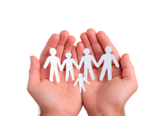 Hands holding paper cutout family symbolizing unity and support on transparent background, PNG