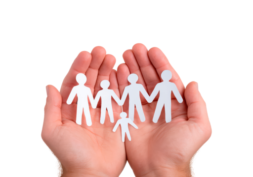 Hands holding paper cutout family symbolizing unity and support on transparent background, PNG