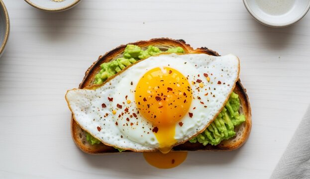 A perfectly fried egg with runny yolk cracked over a slice of avocado toast on artisanal bread, overhead view with minimalist Scandinavian background