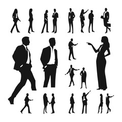 professional men and women in various business-related poses and interactions. The silhouettes depict individuals walking, standing, sitting, working at desks, discussing, pointing, shaking hands, and