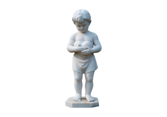 Marble child statue holding heart on hexagonal base on transparent background, PNG