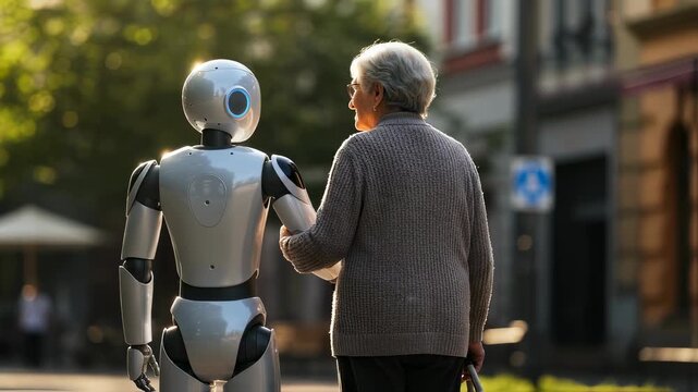 An elder woman is helped by a robot walking outdoor. AI assistant providing support and care for senior person. Robotics technology footage.