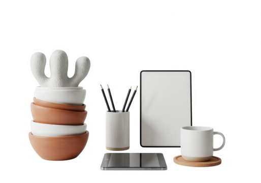 Modern desk arrangement with cactus sculpture bowls tablet and coffee mug isolated on transparent background