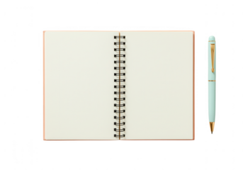 Elegant mint green pen resting beside an open spiral bound notebook with cream pages isolated on transparent background