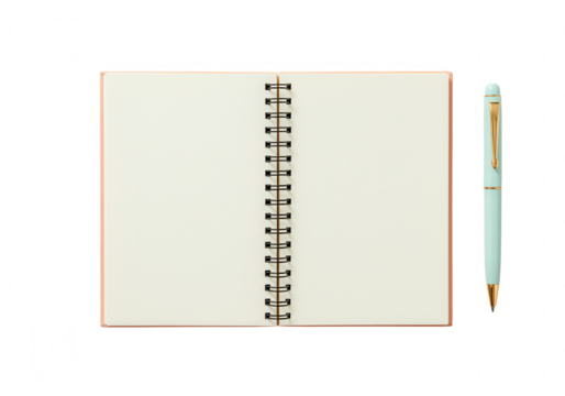 Elegant mint green pen resting beside an open spiral bound notebook with cream pages isolated on transparent background