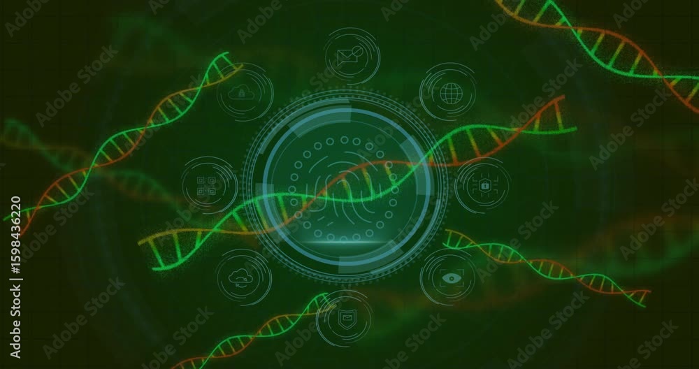 Poster converging helices sparking data protection shield fading fingerprint scanning icons lighting