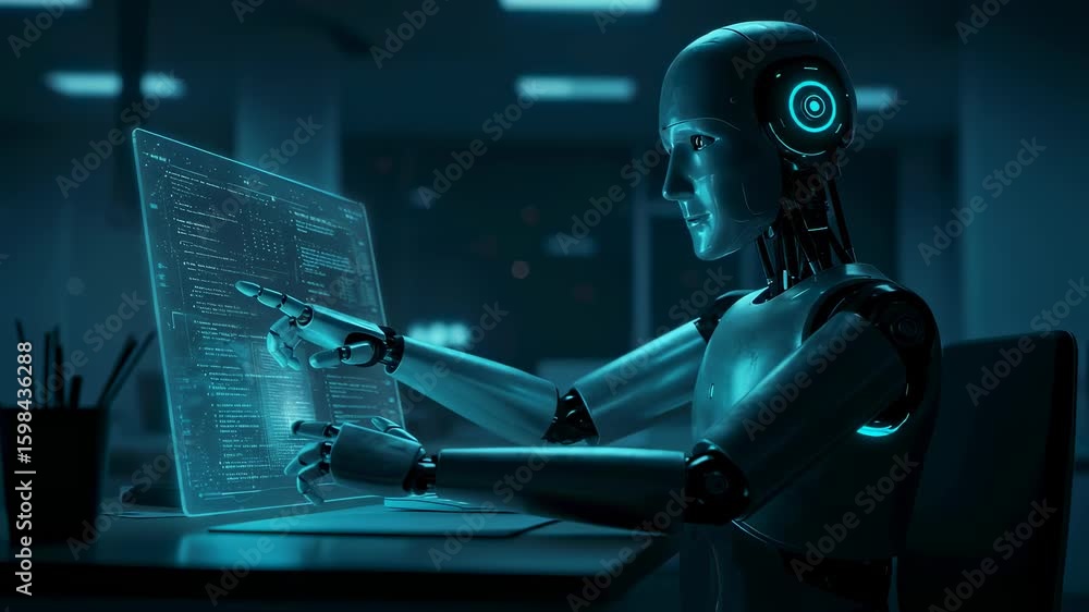 Poster Robot working with a virtual computer screen. Android typing on an interactive display with data. Artificial intelligence and futuristic technology footage.
