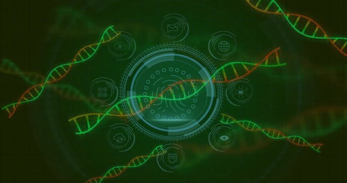 Converging helices sparking DATA PROTECTION shield fading fingerprint scanning icons lighting