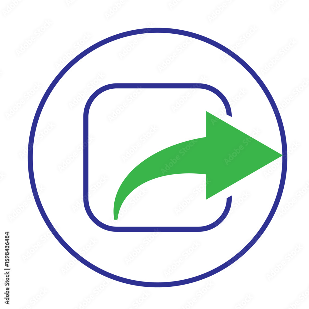 Poster share icon with green arrow pointing right from rounded rectangle frame inside blue circle - social 