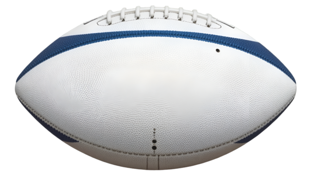 Close up view of a white football with a blue stripe on a black background in a studio setting .