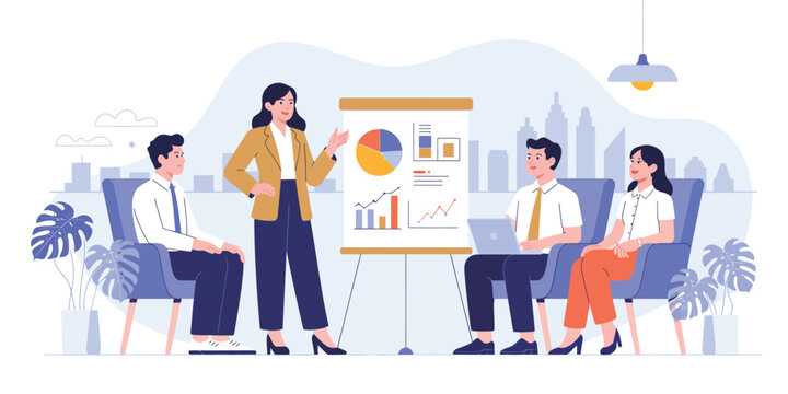 Business presentation scene with diverse professionals, flip chart visuals, and analytics, symbolizing teamwork, strategy, and data sharing