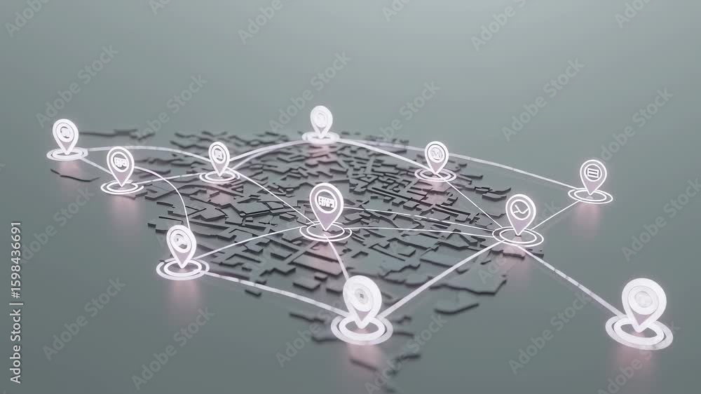 Poster digital map with location pins connected by lines. gps navigation, geotagging, delivery tracking con