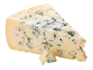 Wedge of creamy blue cheese with moldy blue veins isolated on a white background close-up