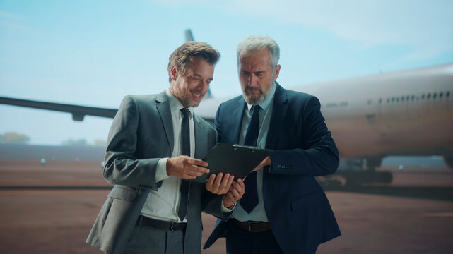 Two businessmen in suits review information on a digital tablet while standing in front of a cargo aircraft on the airport tarmac, representing teamwork, logistics, and global freight operations.