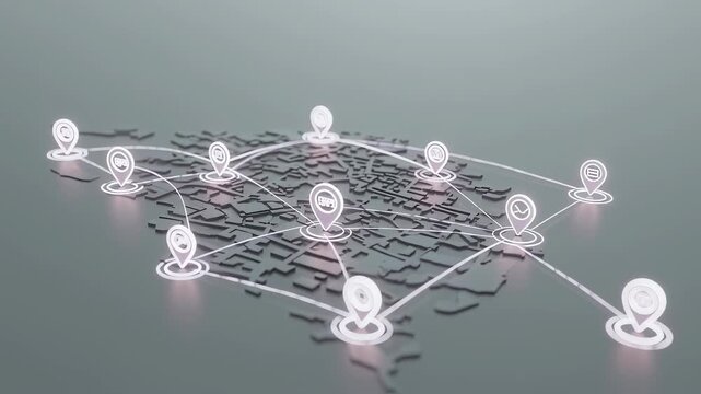 Digital map with location pins connected by lines. GPS navigation, geotagging, delivery tracking concept. Travel route animation.
