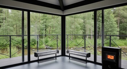 Spacious modern living room with minimalist black furniture, a sleek built-in fireplace, and large panoramic windows with a scenic view.