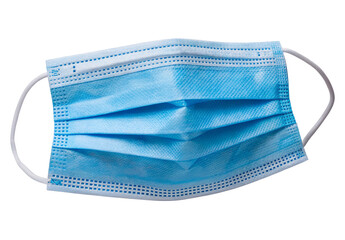 Blue disposable face mask with elastic ear loops on white background for health and safety use