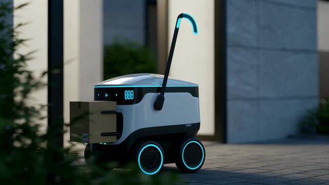 Delivery robot carrying parcel. Autonomous vehicle moving outdoor. Modern robotic courier delivering package with smart technology.