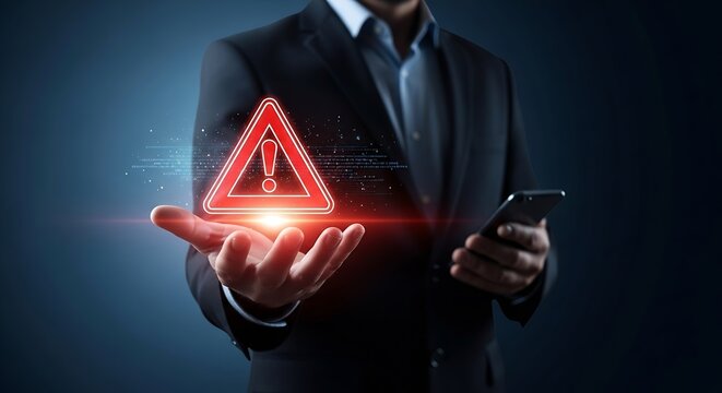 Warning Alert: Businessman Holding Holographic Exclamation Mark with Phone, Cybersecurity Risk, Data Breach, IT Security, Error Detection