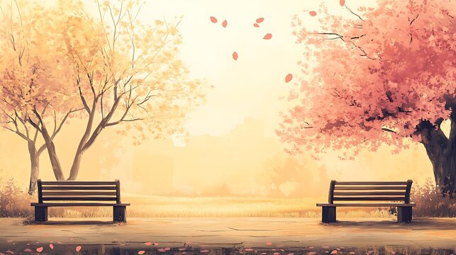 Early morning cherry blossom park, benches under blooming trees, golden haze in background  - Powered by Adobe