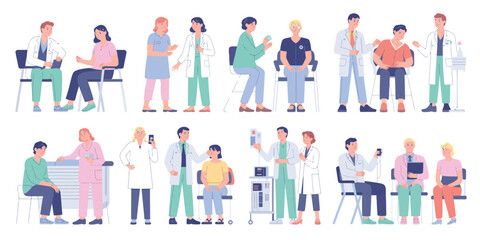 Illustration of multiple healthcare professionals interacting with patients in diverse scenarios, symbolizing care, empathy, and medical support