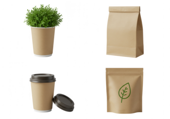 Collection of eco friendly paper cups and bags with green plant on transparent background isolated on transparent background