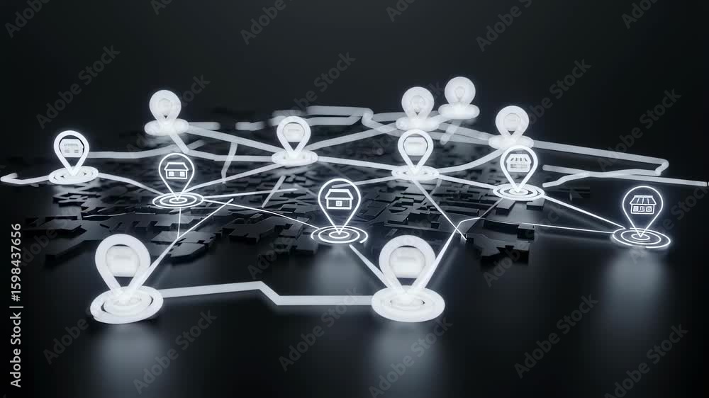 Poster digital map with location pins showing connected network of stores. business expansion and franchise