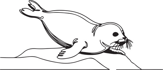 Obraz premium Line art of a playful baby seal sliding on ice, minimal details with bold black lines, white background,