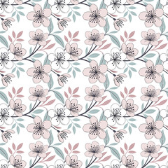 Delicate hand drawn floral pattern with cherry blossoms and leaves on a white background