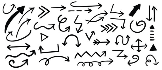 Collection of hand-drawn arrows pointing in various directions and styles on a white background with soft lighting.