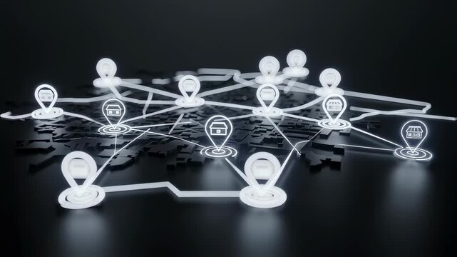 Digital map with location pins showing connected network of stores. Business expansion and franchise concept animation.