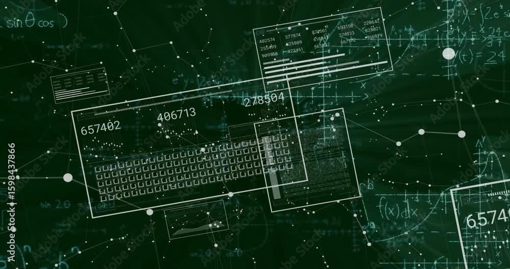 Poster opening dark green plane filling nodes, wireframe grid panels cycling values showing dynamic data