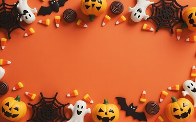 A festive halloween border filled with pumpkins, ghosts, bats, candy corn, and chocolate swirls on an orange background