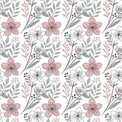 Delicate hand drawn floral pattern with cherry blossoms and leaves on a white background